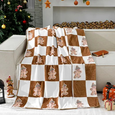 Brown Checkered Christmas Blanket with Gingerbread Men