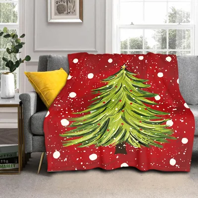 Christmas Tree Blanket with a Painted Evergreen on Red