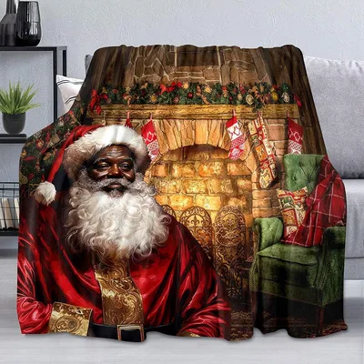 Black Santa Christmas Blanket: Afro Santa by the Fireplace