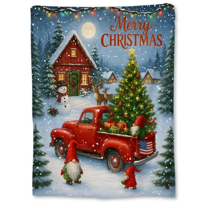 Christmas Gnomes Blanket with a Red Truck Christmas Scene