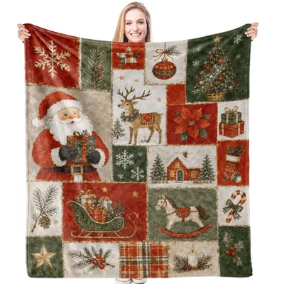 Vintage Christmas Santa Patchwork Blanket features a quilt