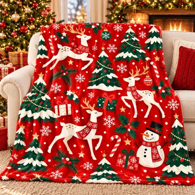 Reindeer Snowman Christmas Blanket features festive reindeer