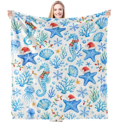 Coastal Christmas Blanket with Starfish and Seahorses