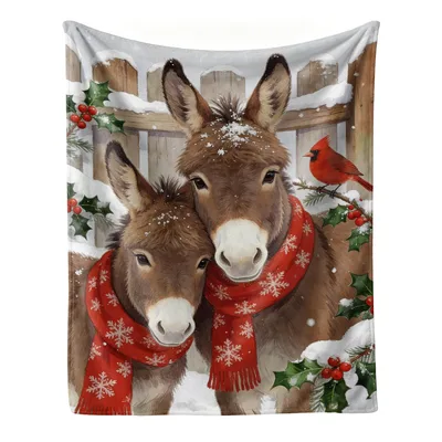 Donkey Christmas Blanket: Two Donkeys in Red Scarves