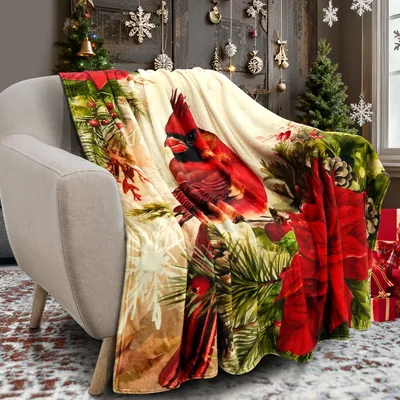 Christmas Poinsettia Blanket with a Red Cardinal Bird
