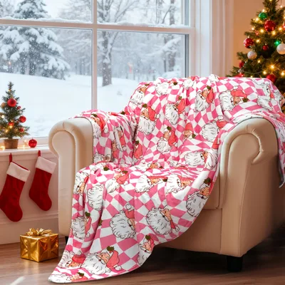 Checkered Christmas Blanket with Vintage Santa Faces