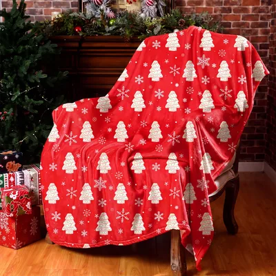 Red Holiday Tree Blanket: Snowflakes and Cookie-Style Trees