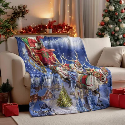 Snowy Village Christmas Blanket With Sleigh and Reindeer