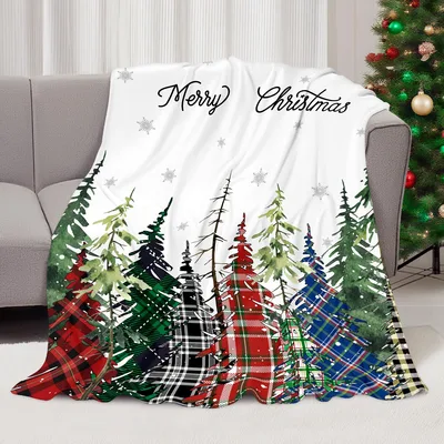 Buffalo Plaid Christmas Blanket with Merry Christmas Pine Trees