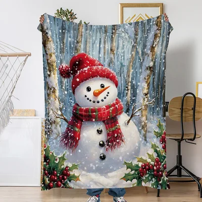 Snowman in Red Hat Blanket for Winter Cozy Nights