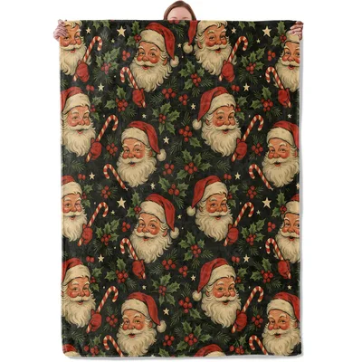 Christmas Santa Claus Blanket with Vintage Santa Faces and Candy Canes