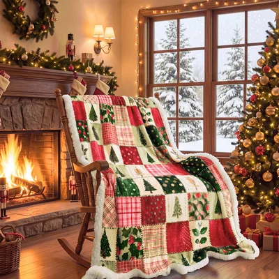 Christmas Patchwork Quilt Blanket featuring festive red