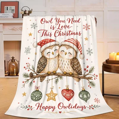 Owl Christmas Blanket with Two Owls in Santa Hats