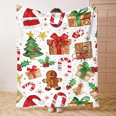 Christmas Candy Cane Blanket with Gingerbread and Gifts