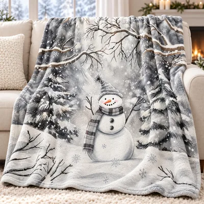 Snowy Forest Blanket with a Cheerful Snowman, 50-60 chars