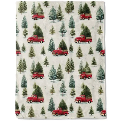 Cream Winter Forest Red Blanket: Vintage Truck Christmas Tree Print