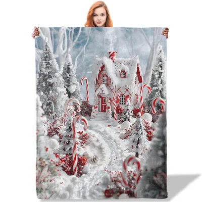 Candy Cane House Blanket: Snowy Red and White Holiday Cottage Throw