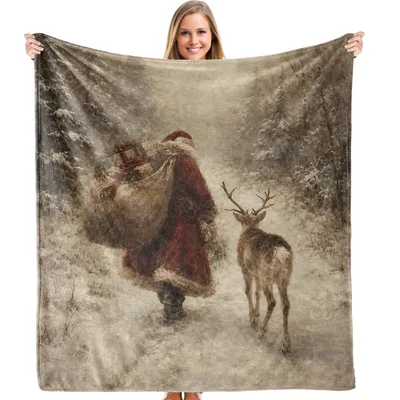 Winter Reindeer Blanket with a Vintage Santa and Deer in Snow