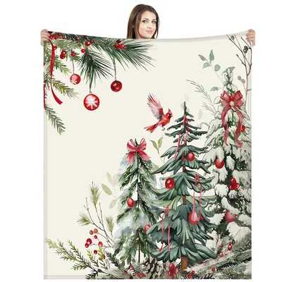 Winter Christmas Blanket: Cardinal Among Snowy Pines