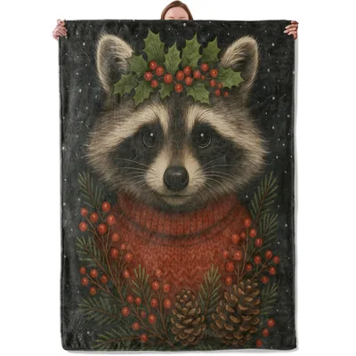 Holiday Woodland Animal Blanket: A Raccoon in a Red Sweater