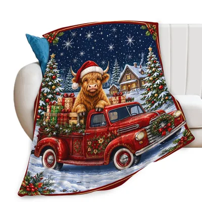 Christmas Cow Truck Blanket: Highland Cow on a Red Holiday Truck