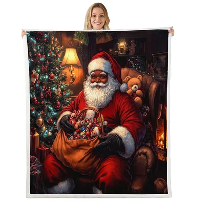 Christmas Fireplace Blanket with a Cozy Santa Scene