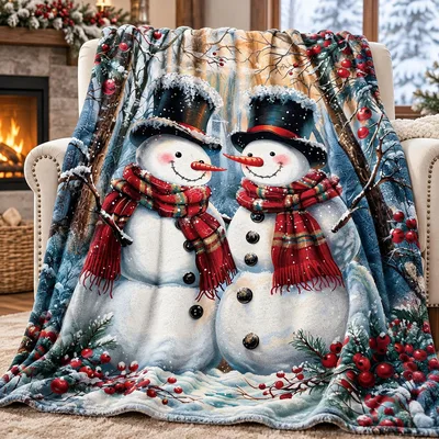 Two Snowmen Winter Scene Blanket: Festive Pair with Plaid Scarves