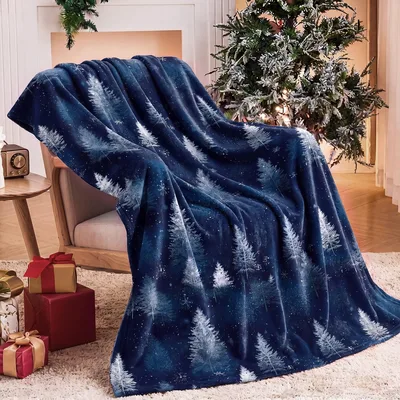 Navy Christmas Tree Blanket: Snowy Pines on Deep Blue