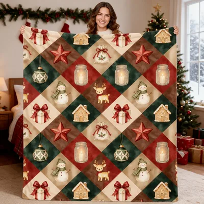 Christmas Argyle Blanket With Holiday Cheer Motifs