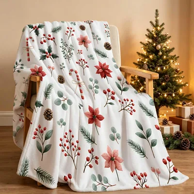 Christmas Floral Blanket with Poinsettias and Berries