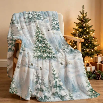 Winter Christmas Tree Blanket with Snowy Pine Trees