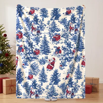 Toile Santa Blanket: Blue and Red Holiday Throw