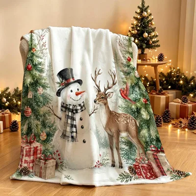 Christmas Deer Blanket: A Snowman and Stag in the Pines