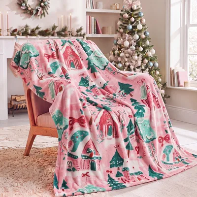 Holiday Village Blanket: Pink Gingerbread Houses and Evergreens