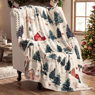 Snowy Christmas Blanket with a Winter Village Scene