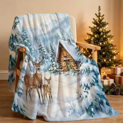 Winter Deer Cabin Snow Blanket for Cozy Evenings