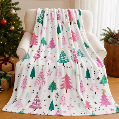 White Pink Christmas Trees Blanket for Festive Holiday Decor