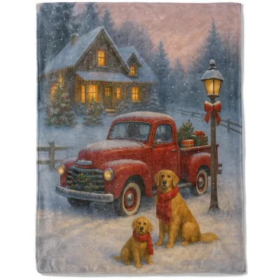Christmas Dogs Red Truck Blanket: A Snowy Holiday Scene