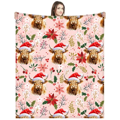Pink Christmas Highland Cow Blanket for Holiday Cozy Nights