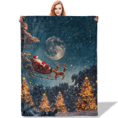 Christmas Night Blanket: Santa's Sleigh Under a Full Moon