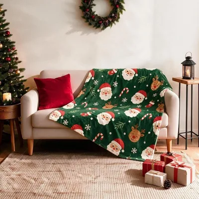 Santa Claus Christmas Blanket with Santa and Reindeer Faces