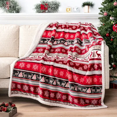 Red White Snowflake Reindeer Blanket