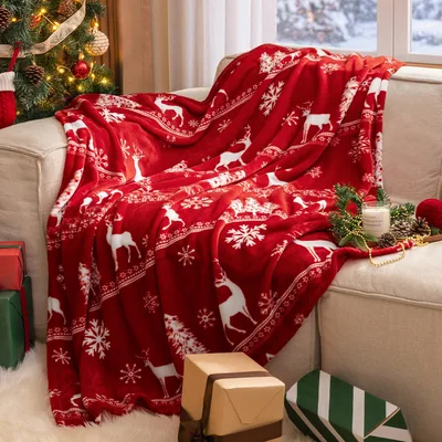 Red Christmas Reindeer Snowflake Blanket for Holiday Cozy Vibes