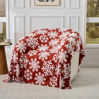 Snowflake Winter Pattern Blanket: Festive Red and White Holiday Design