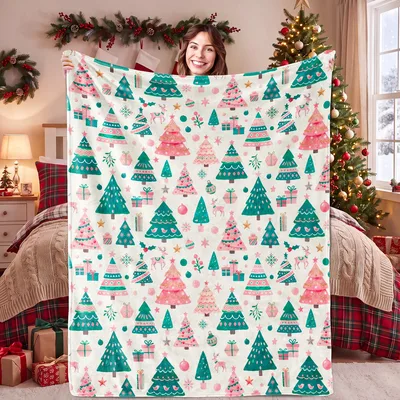 Pink and Teal Christmas Blanket: Festive Trees and Gifts Pattern