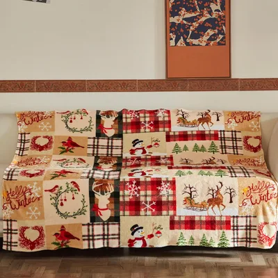 Christmas Wreaths Plaid Pattern Blanket: Hello Winter Patchwork Design