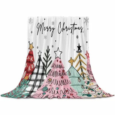 Colorful Christmas Trees Snowflakes Blanket: Hand-Drawn Holiday Design