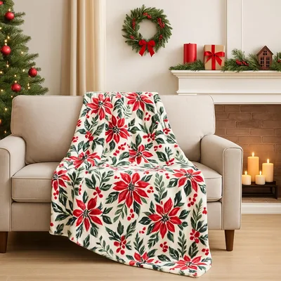 Festive Poinsettia Leaf Pattern Blanket featuring classic red flowers