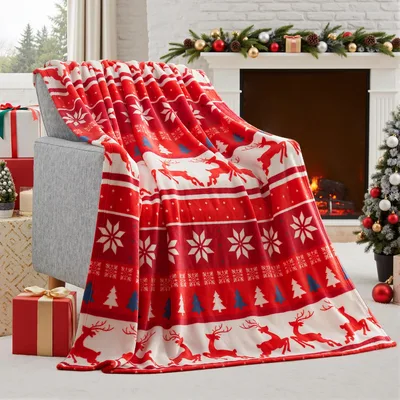 Red Reindeer Snowflake Pattern Blanket: Festive Holiday Throw