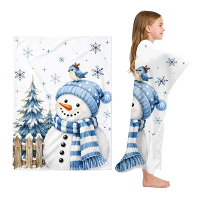 Holiday Blanket Scarf Snowman Winter Scene with Blue Bird